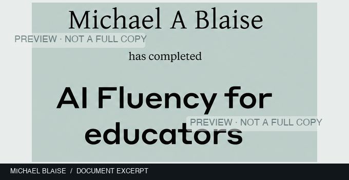 AI Fluency for Educators certificate excerpt showing the course title and recipient name.