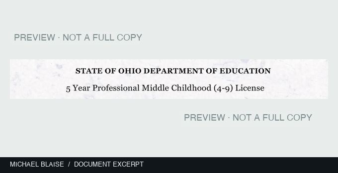 Professional Middle Childhood teaching license header excerpt; educator IDs and signature excluded.