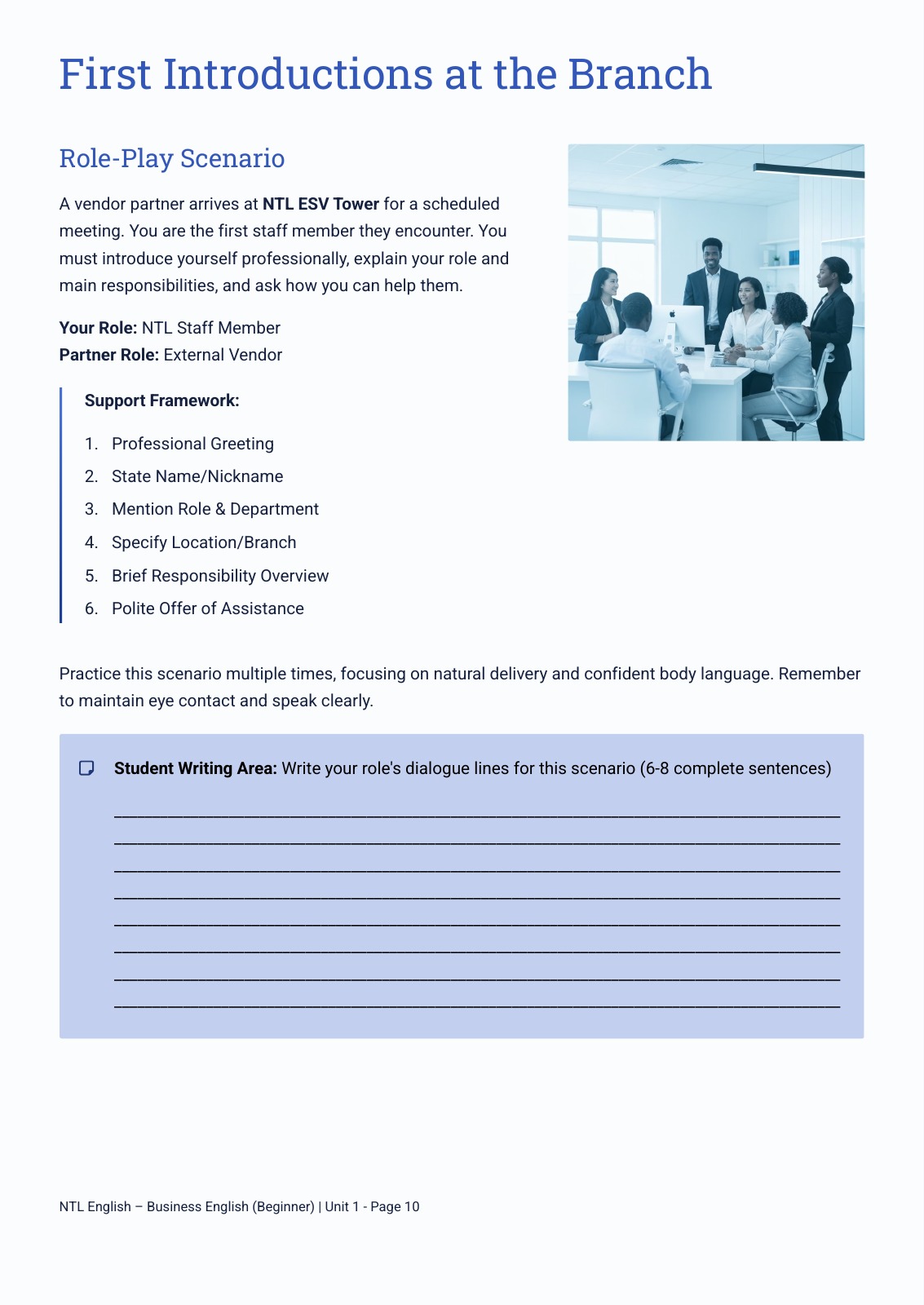 Corporate participant workbook page: First Introductions at the Branch, with a six-step speaking framework and a writing activity.