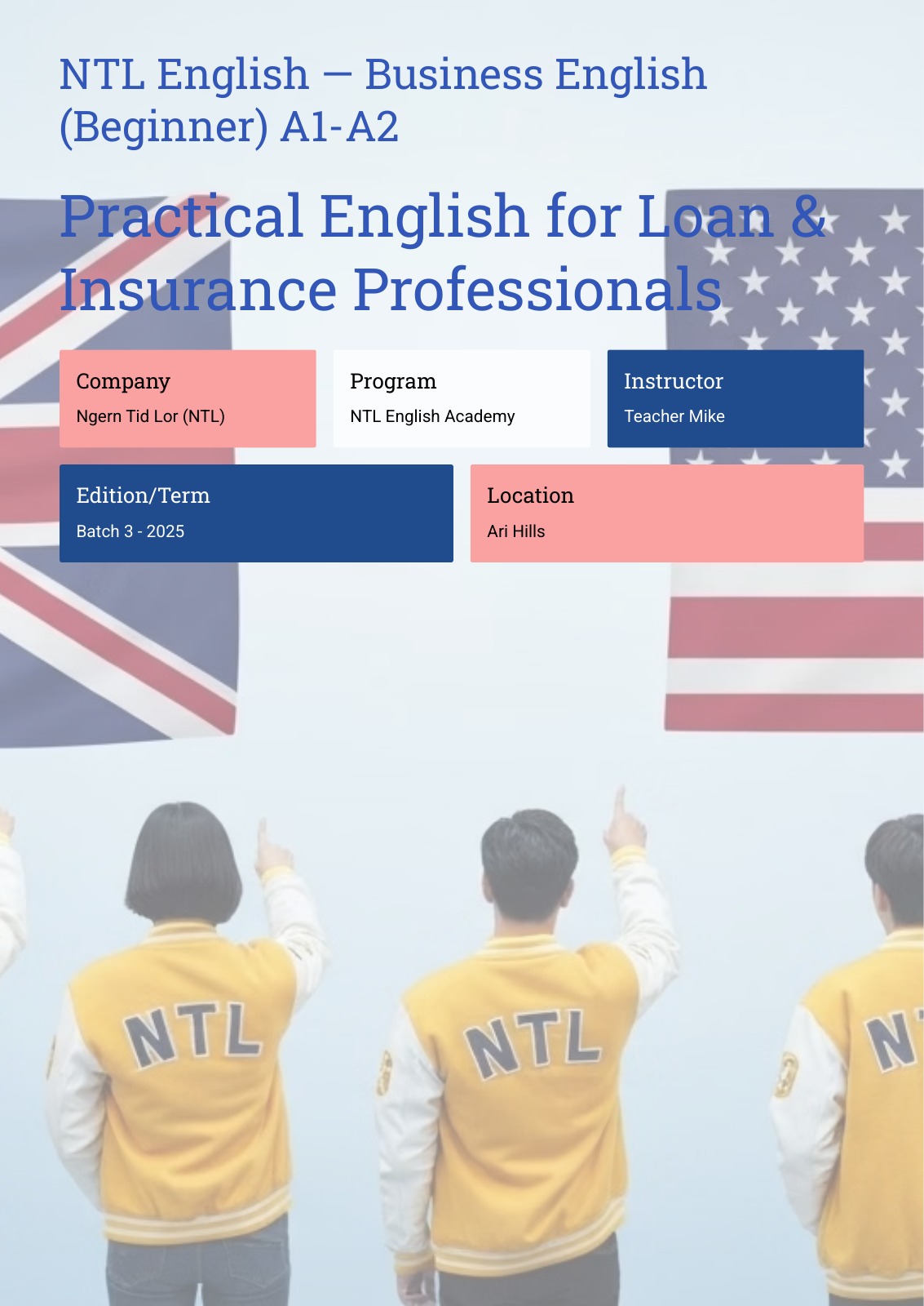 Cover page of a tailored A1–A2 corporate English participant workbook for loan and insurance professionals.